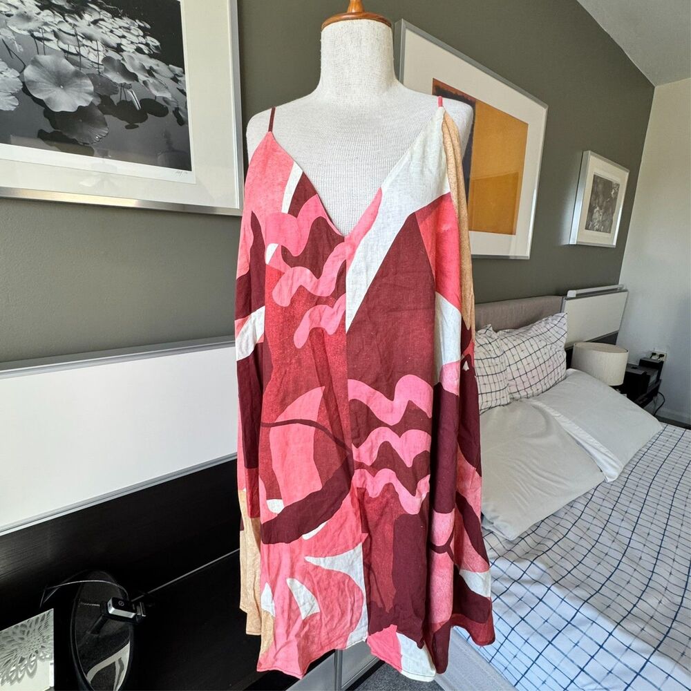 H&M Linen-Blend Lin Melange Strappy Tent Dress Pink Reddish Brown Colorway L